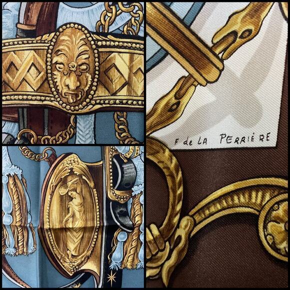 Hermes Bride de Cour Brown, Blue, White, and Gold 100% Silk Scarf 90cm Square - Picture 3 of 16